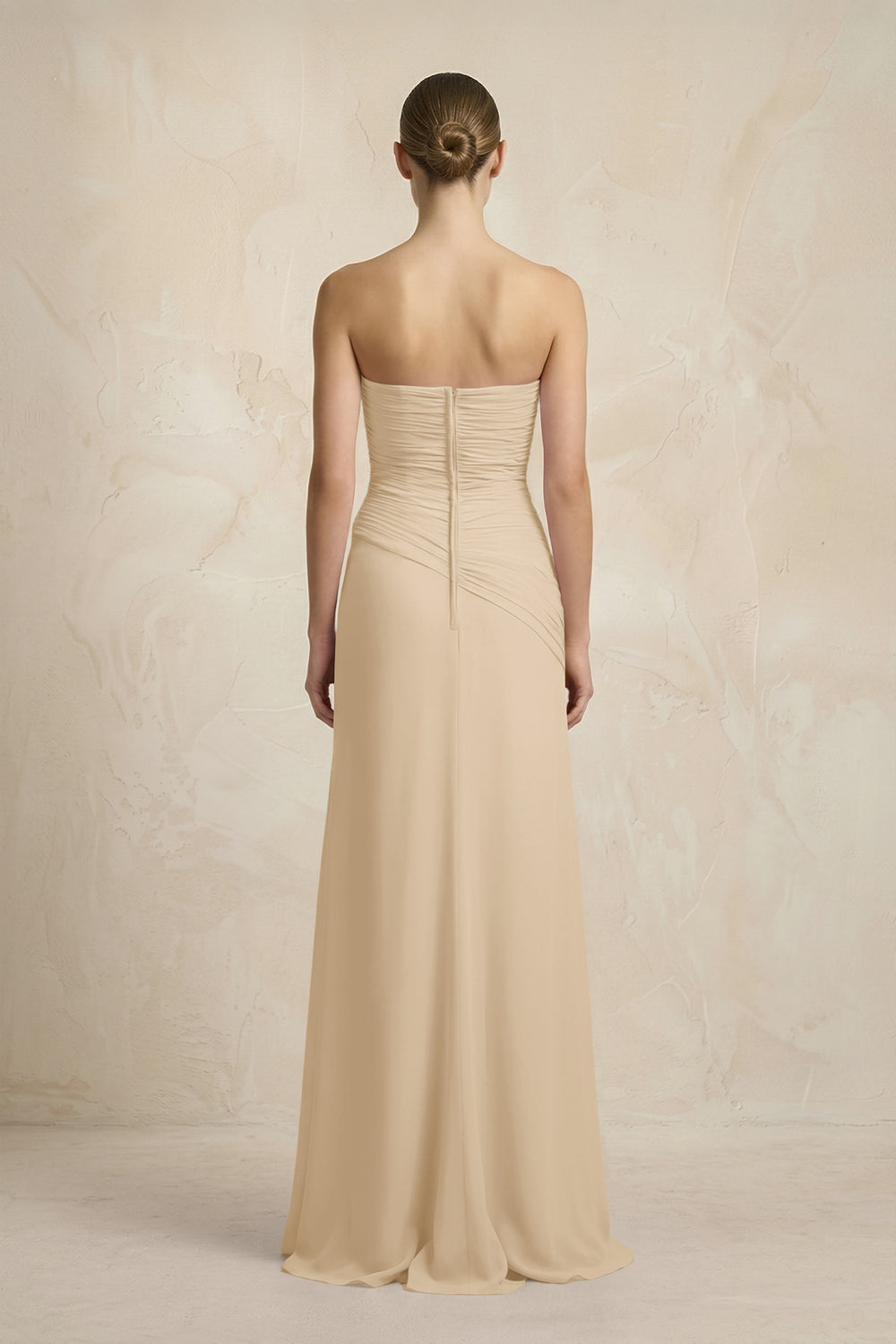 Sheath Chiffon Strapless Pleated Bridesmaid Dress in Champagne