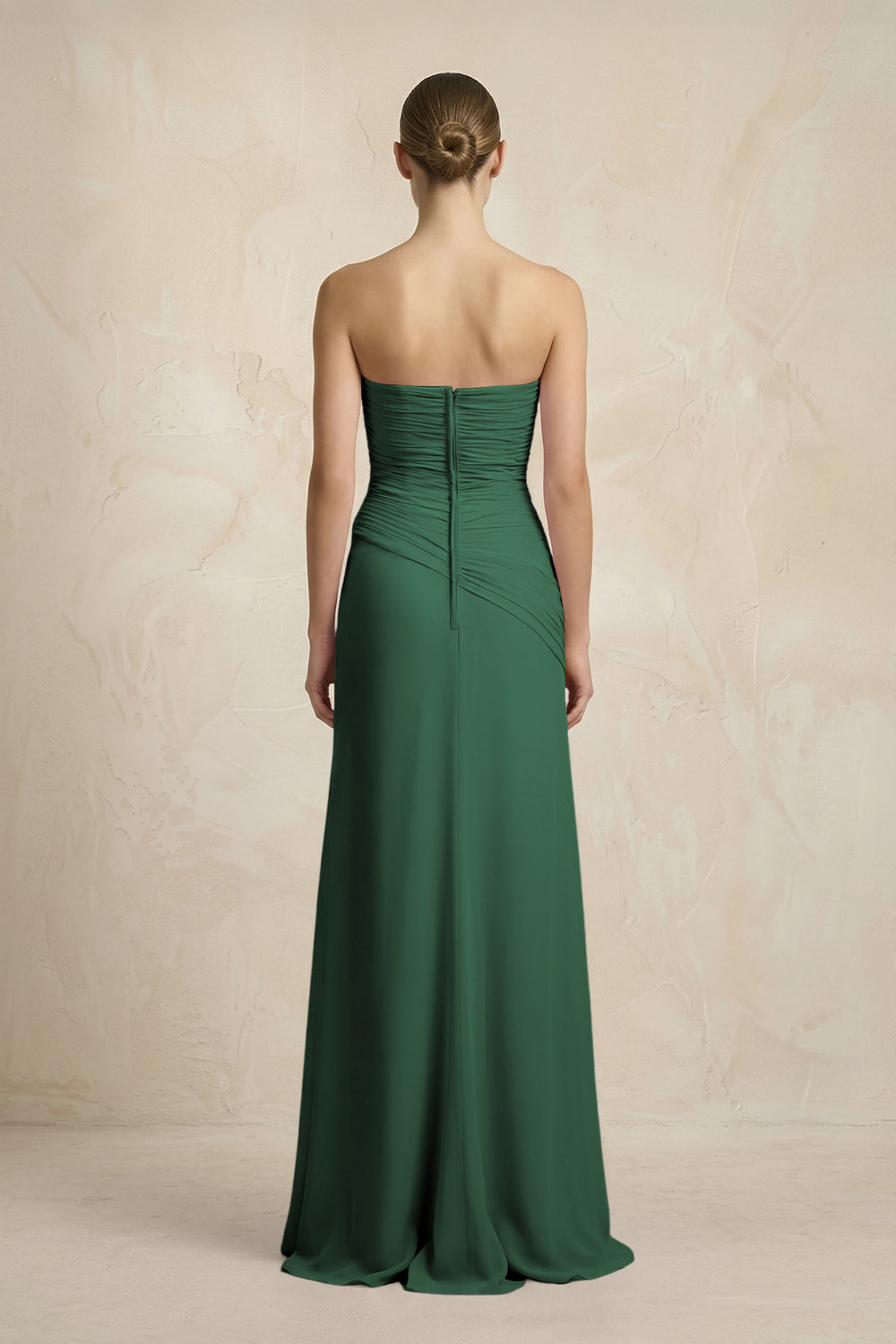 Sheath Chiffon Strapless Pleated Bridesmaid Dress in Dark Green