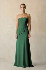 Sheath Chiffon Strapless Pleated Bridesmaid Dress in Dark Green | KISSBRIDAL