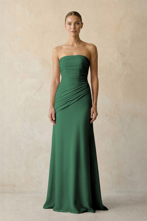 Sheath Chiffon Strapless Pleated Bridesmaid Dress in Dark Green | KISSBRIDAL