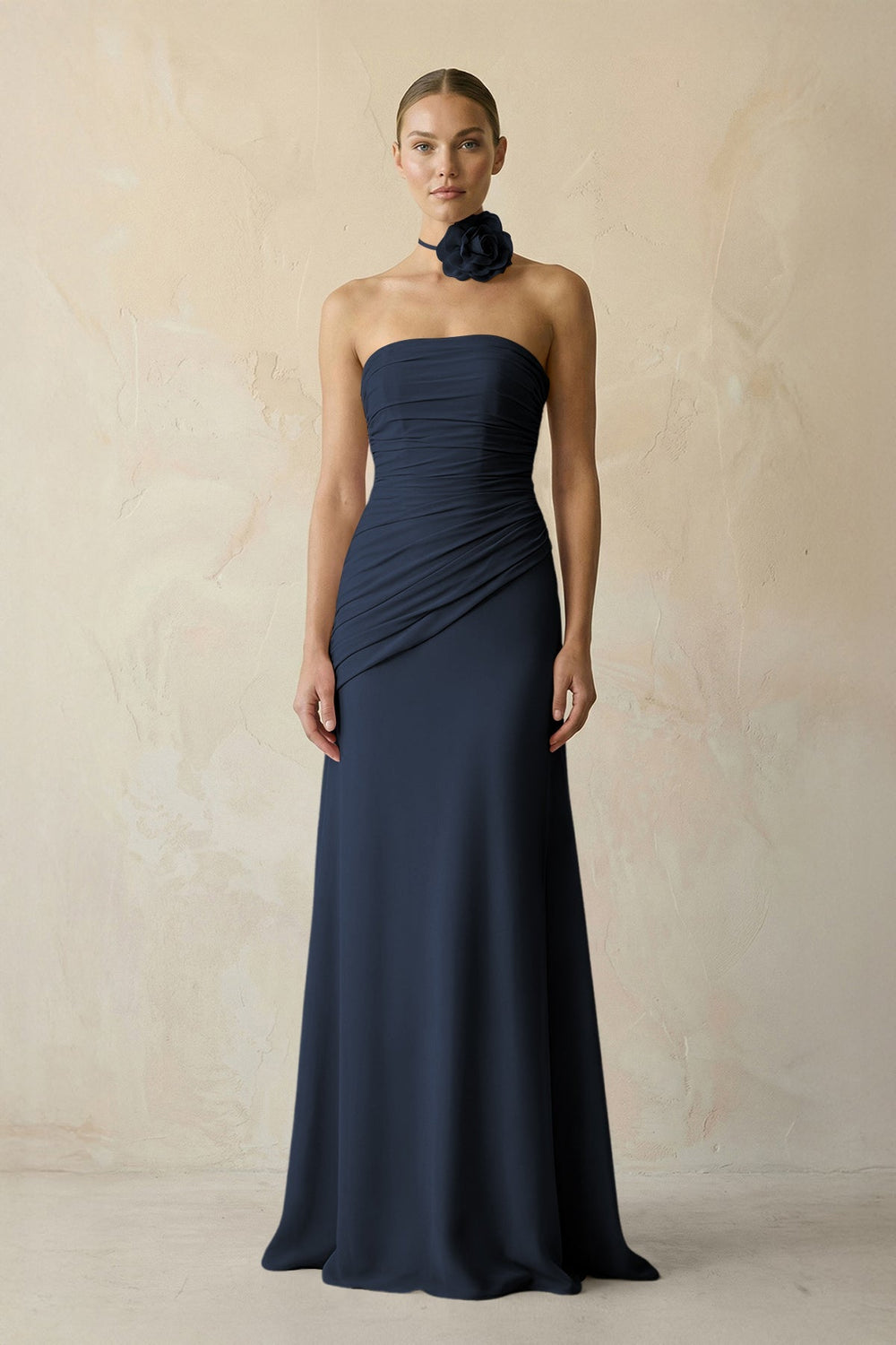 Sheath Chiffon Strapless Pleated Bridesmaid Dress in Dark Navy - KISS BRIDAL Bridesmaid Dresses