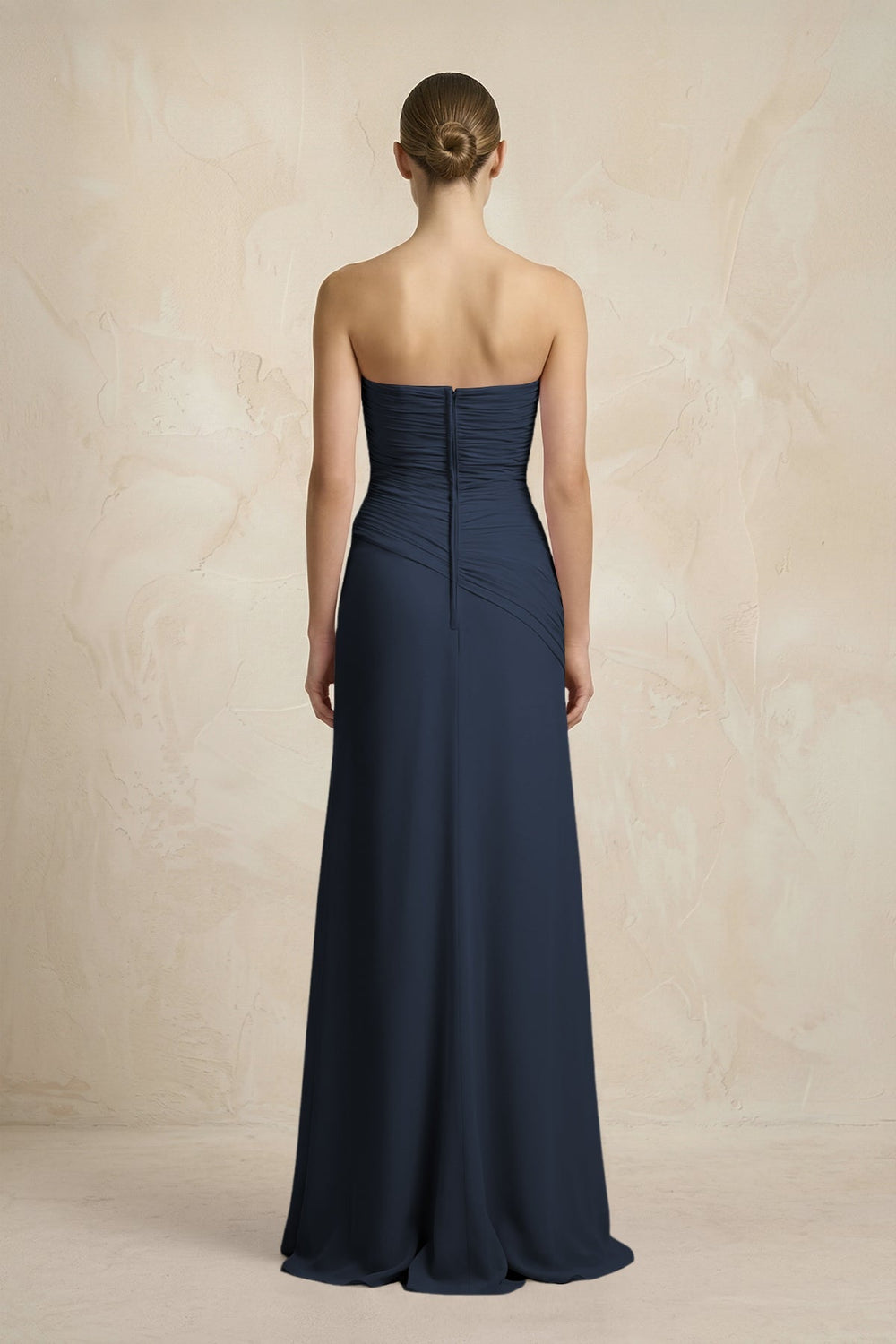Sheath Chiffon Strapless Pleated Bridesmaid Dress in Dark Navy - KISS BRIDAL Bridesmaid Dresses