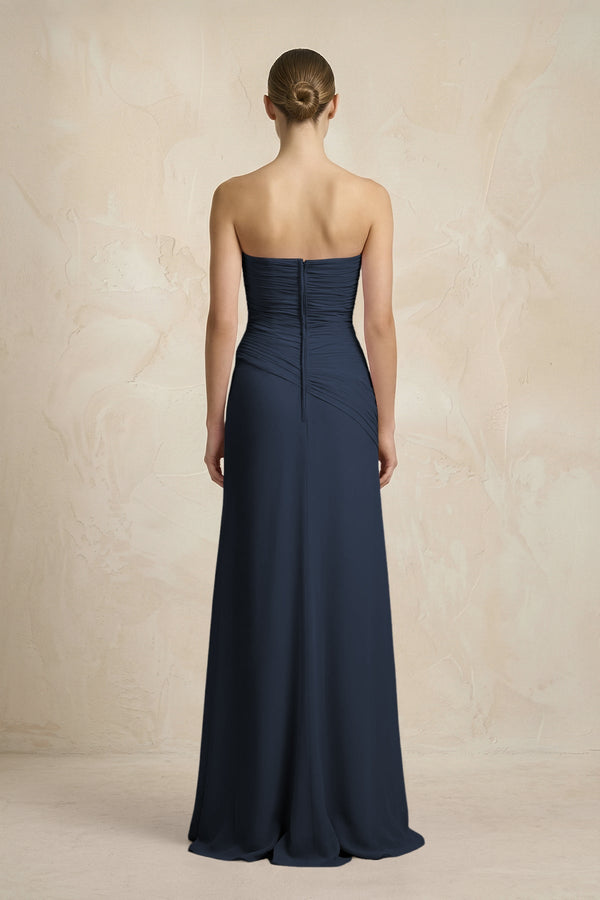Sheath Chiffon Strapless Pleated Bridesmaid Dress in Dark Navy - KISS BRIDAL Bridesmaid Dresses