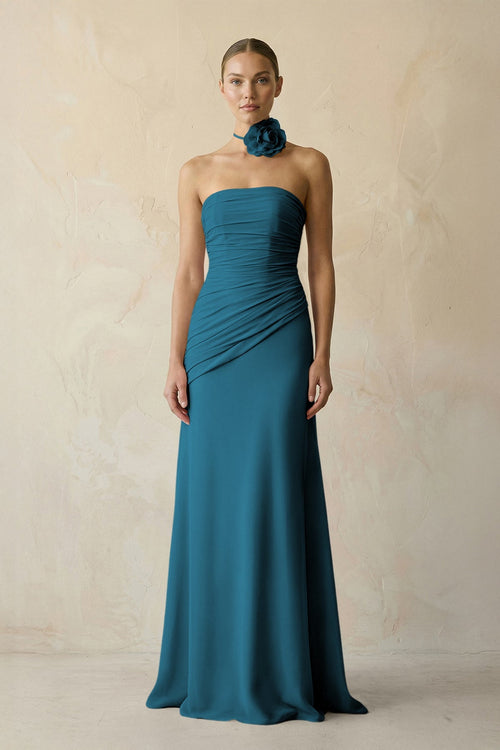 Sheath Chiffon Strapless Pleated Bridesmaid Dress in Dark Teal - KISS BRIDAL Bridesmaid Dresses