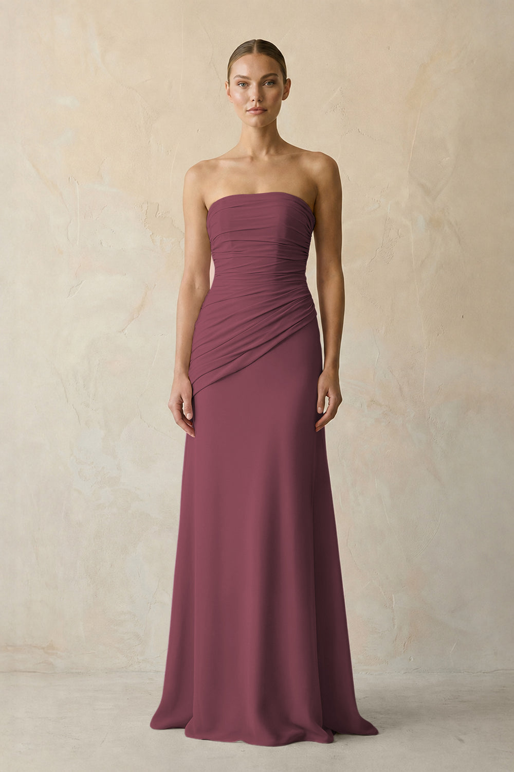 Sheath Chiffon Strapless Pleated Bridesmaid Dress in Desert Rose