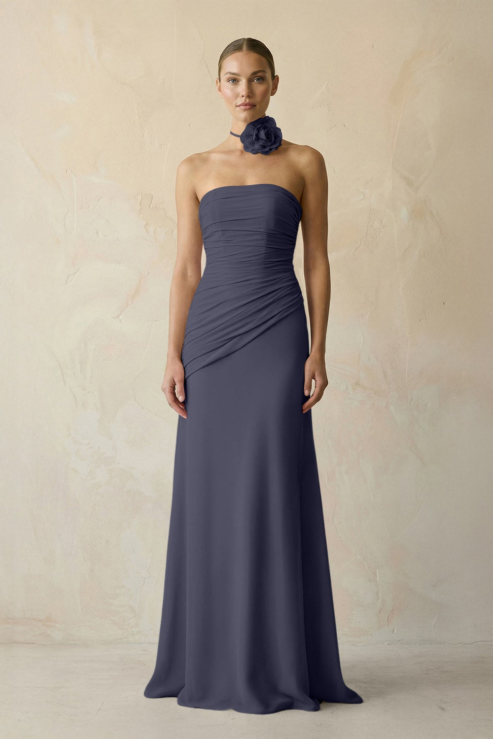 Sheath Chiffon Strapless Pleated Bridesmaid Dress in Dusk Blue - SHE IS ME Bridesmaid Dresses