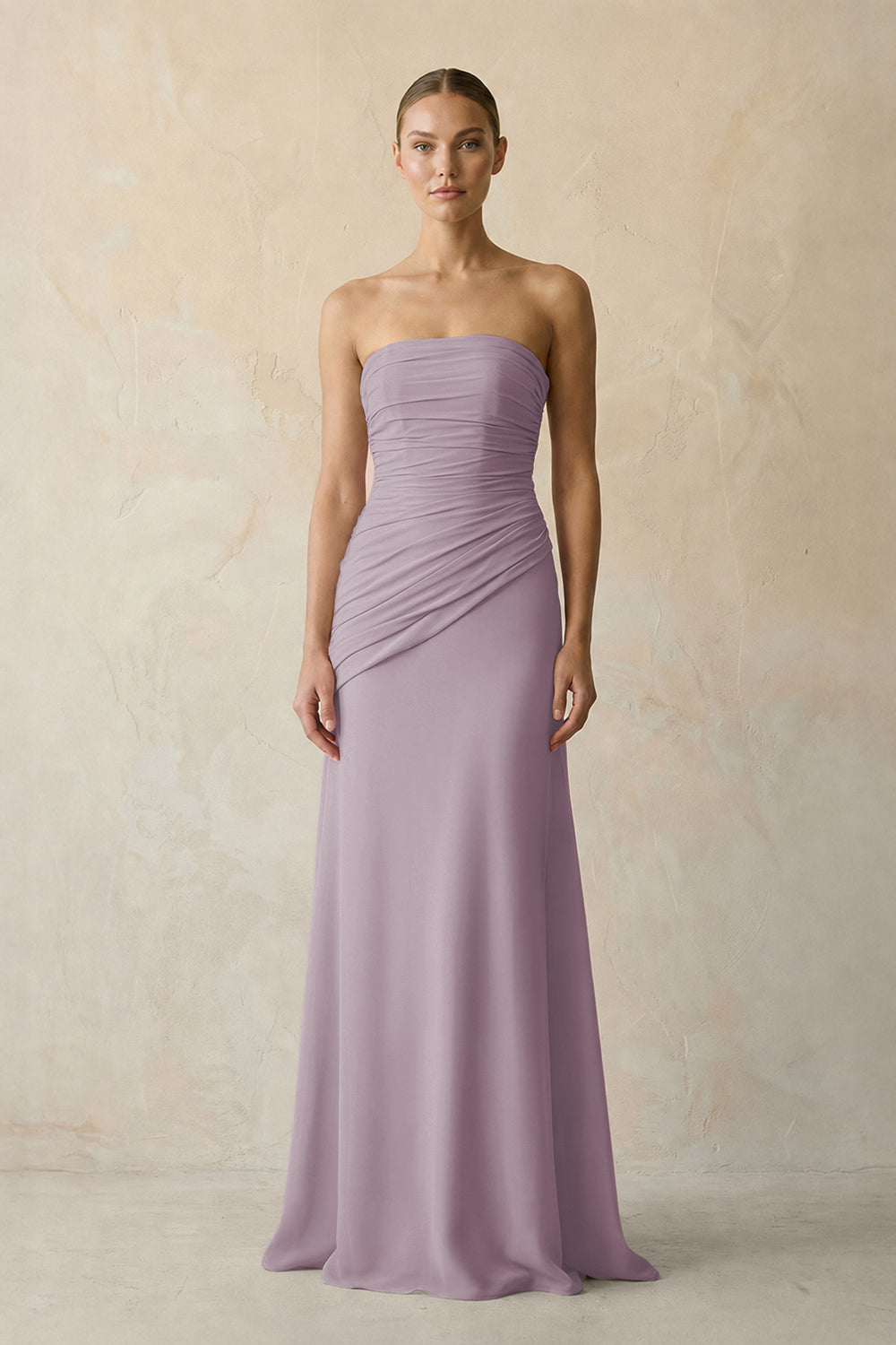 Sheath Chiffon Strapless Pleated Bridesmaid Dress in Dusk