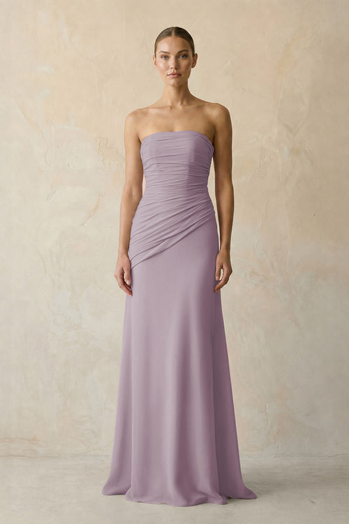 Sheath Chiffon Strapless Pleated Bridesmaid Dress in Dusk | KISSBRIDAL