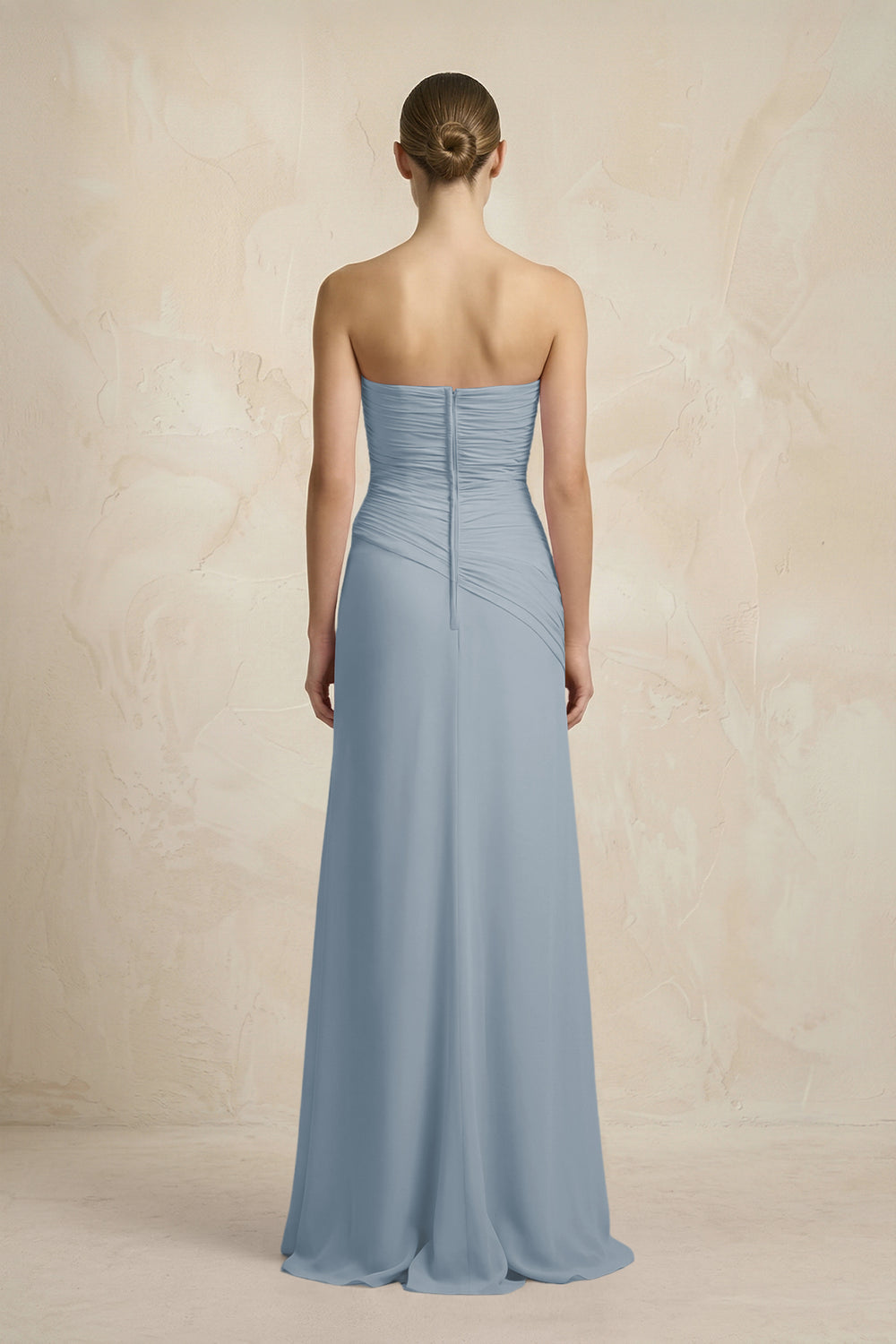 Sheath Chiffon Strapless Pleated Bridesmaid Dress in Dusty Blue