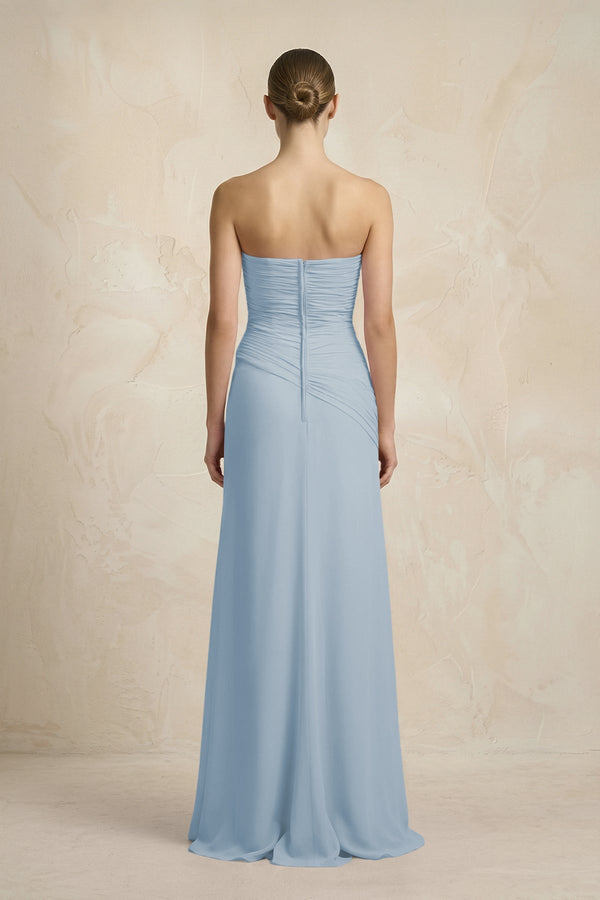 Sheath Chiffon Strapless Pleated Bridesmaid Dress in Dusty Blue - KISS BRIDAL Bridesmaid Dresses