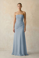 Sheath Chiffon Strapless Pleated Bridesmaid Dress in Dusty Blue | KISSBRIDAL