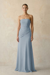 Sheath Chiffon Strapless Pleated Bridesmaid Dress in Dusty Blue | KISSBRIDAL