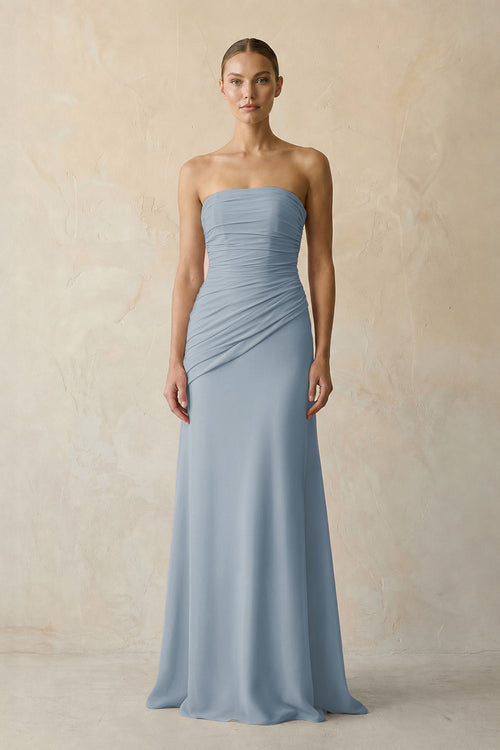 Sheath Chiffon Strapless Pleated Bridesmaid Dress in Dusty Blue | KISSBRIDAL