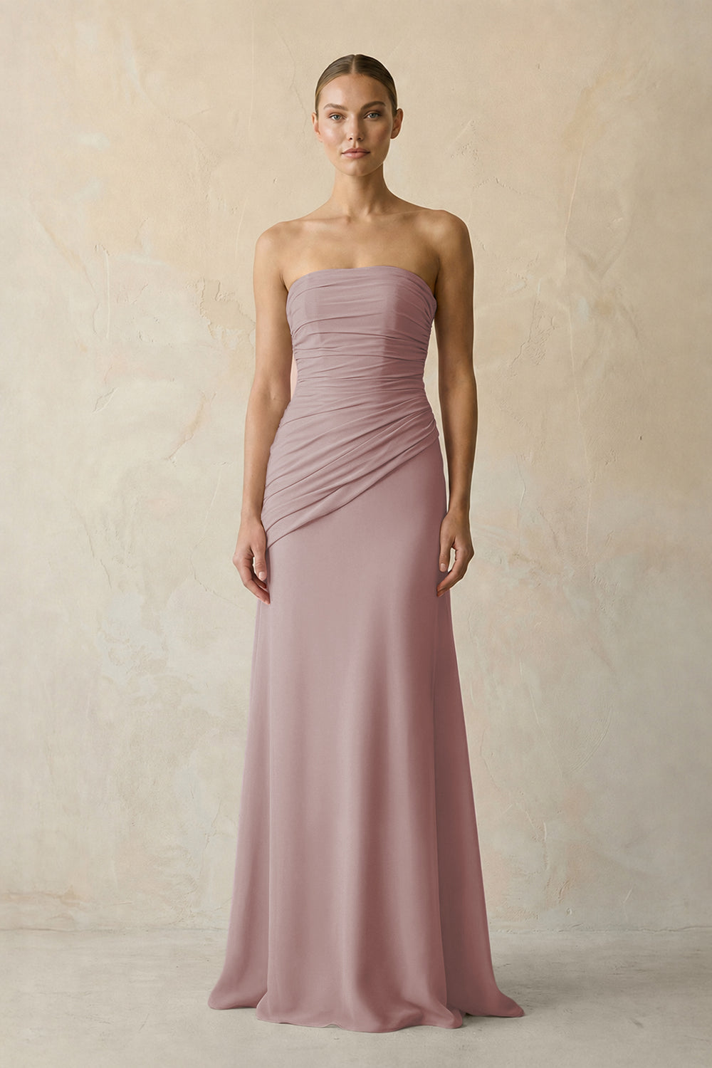 Sheath Chiffon Strapless Pleated Bridesmaid Dress in Dusty Rose
