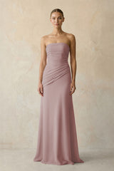 Sheath Chiffon Strapless Pleated Bridesmaid Dress in Dusty Rose | KISSBRIDAL