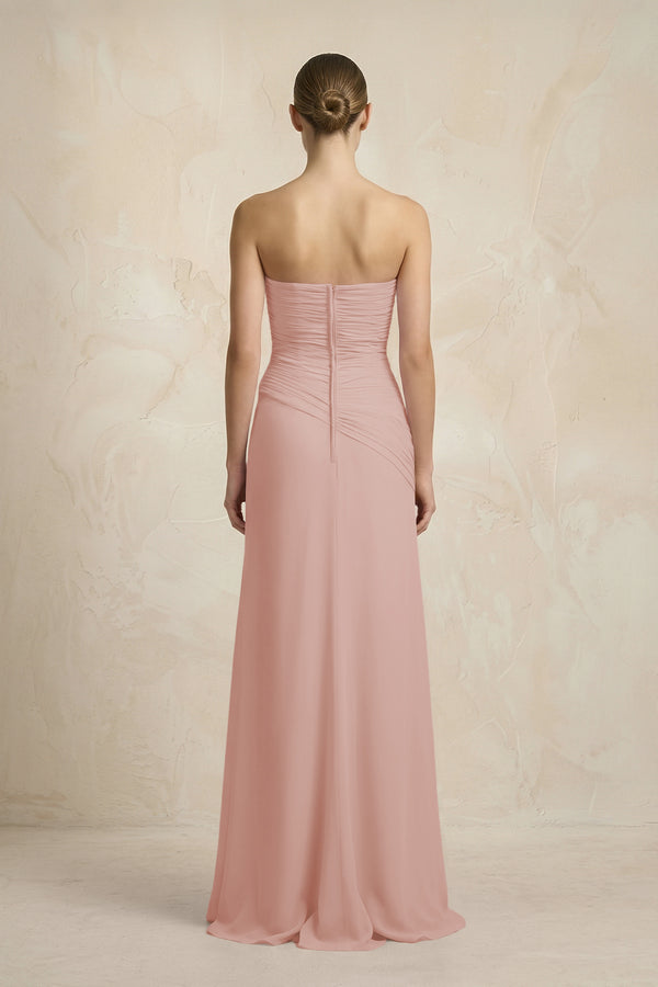 Sheath Chiffon Strapless Pleated Bridesmaid Dress in English Rose (2) | KISSBRIDAL