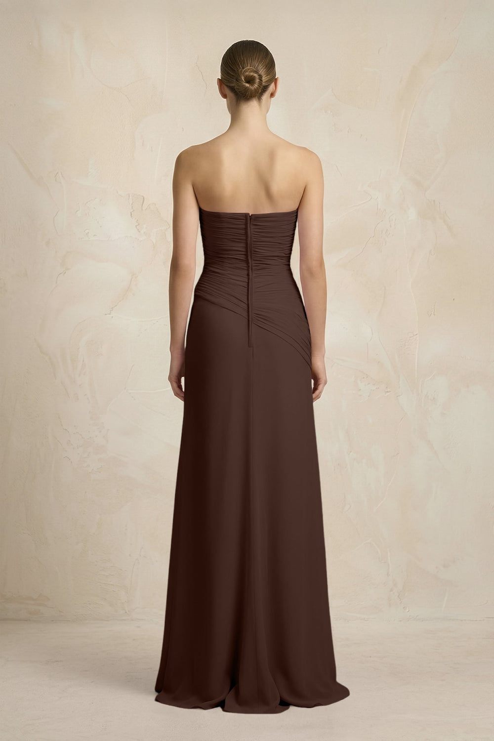 Sheath Chiffon Strapless Pleated Bridesmaid Dress in Espresso - SHE IS ME Bridesmaid Dresses