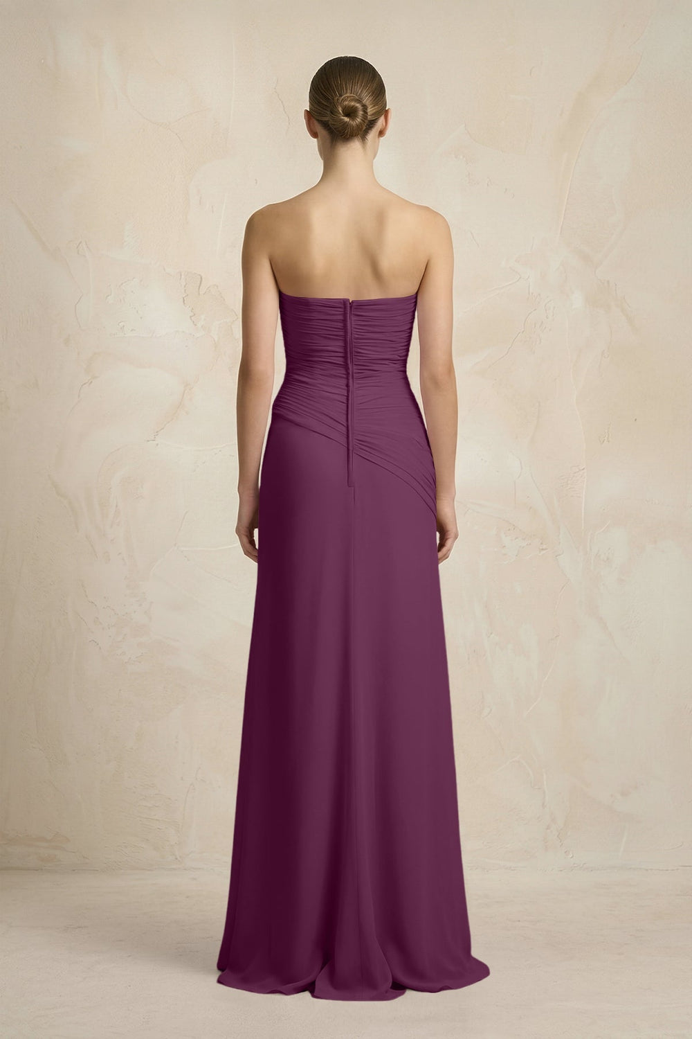 Sheath Chiffon Strapless Pleated Bridesmaid Dress in Fig - KISS BRIDAL Bridesmaid Dresses