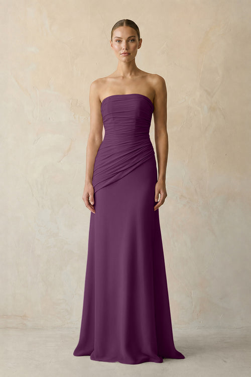 Sheath Chiffon Strapless Pleated Bridesmaid Dress in Fig | KISSBRIDAL