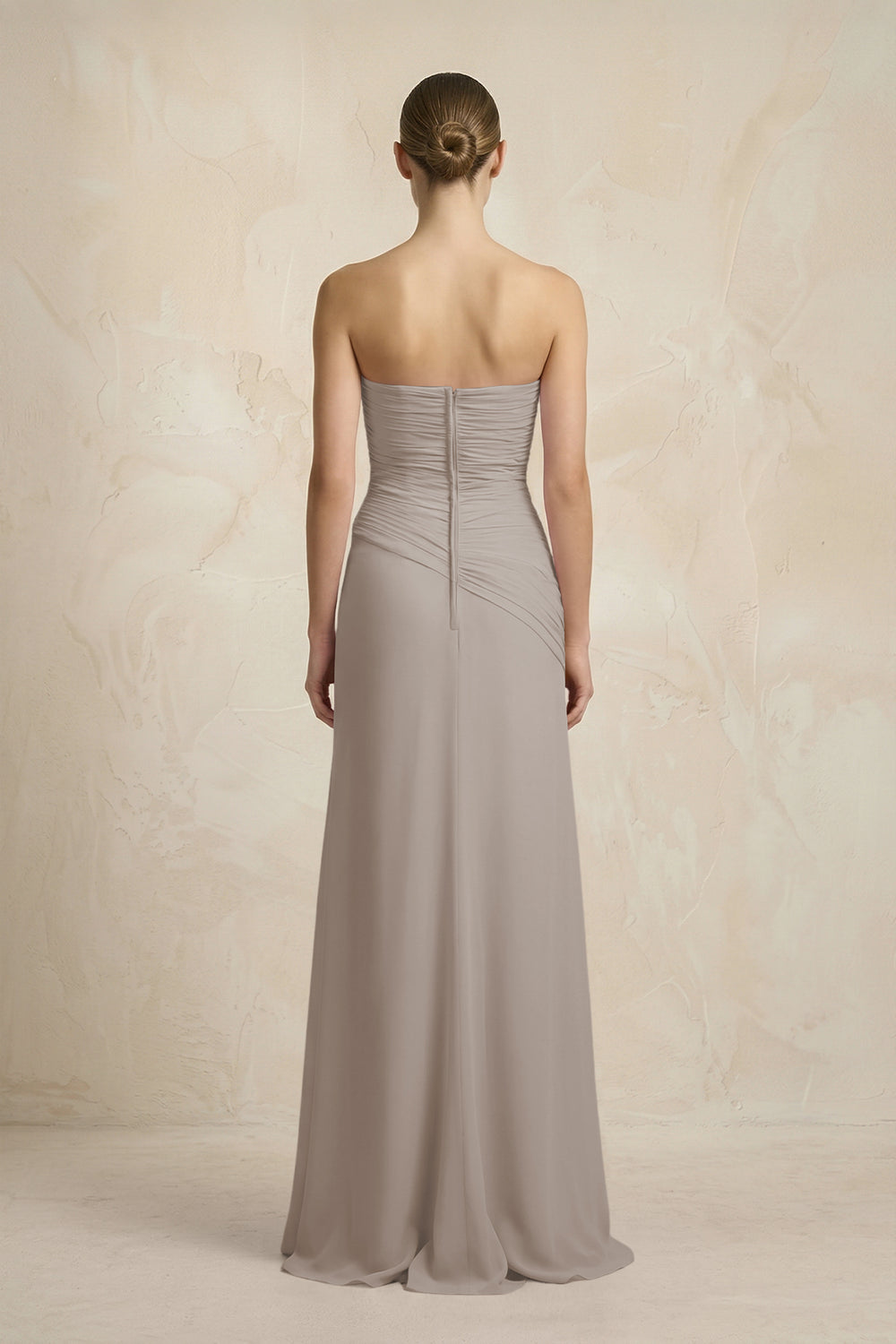 Sheath Chiffon Strapless Pleated Bridesmaid Dress in Frost