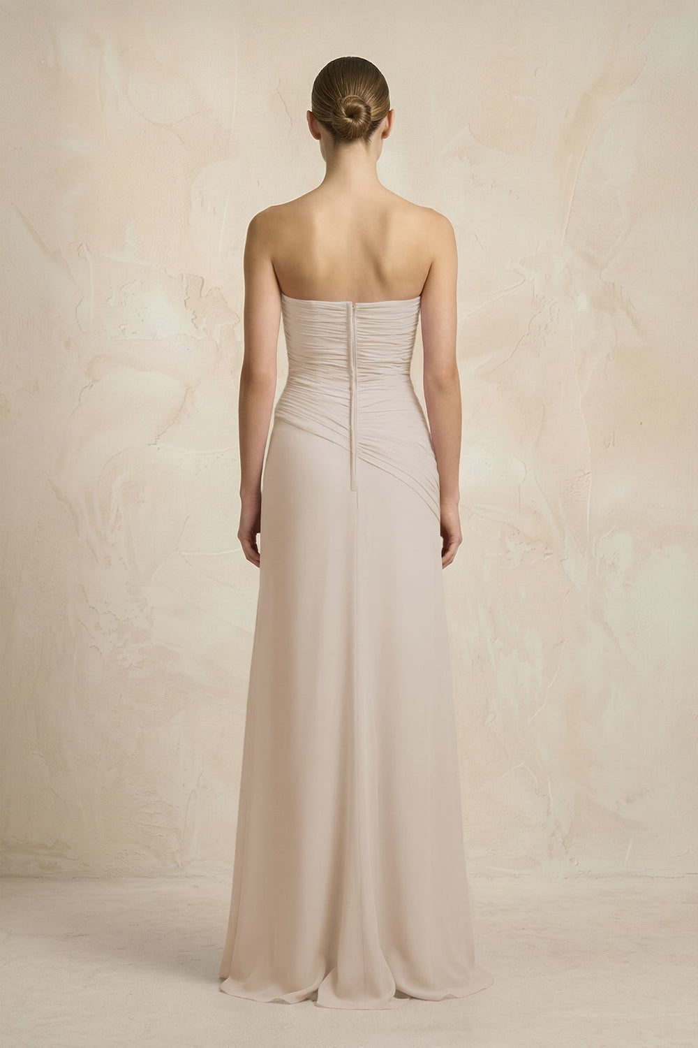 Sheath Chiffon Strapless Pleated Bridesmaid Dress in Frost - SHE IS ME Bridesmaid Dresses