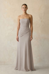 Sheath Chiffon Strapless Pleated Bridesmaid Dress in Frost | KISSBRIDAL