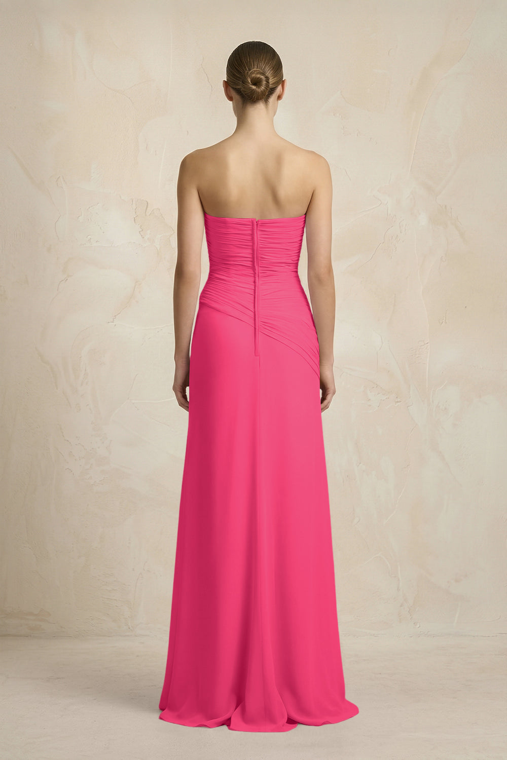 Sheath Chiffon Strapless Pleated Bridesmaid Dress in Fuchsia
