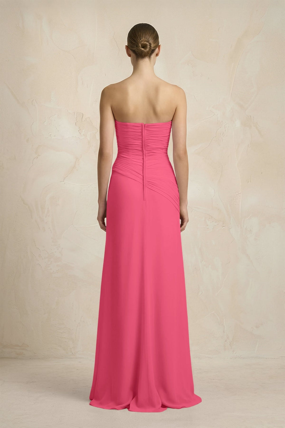 Sheath Chiffon Strapless Pleated Bridesmaid Dress in Fuchsia - KISS BRIDAL Bridesmaid Dresses
