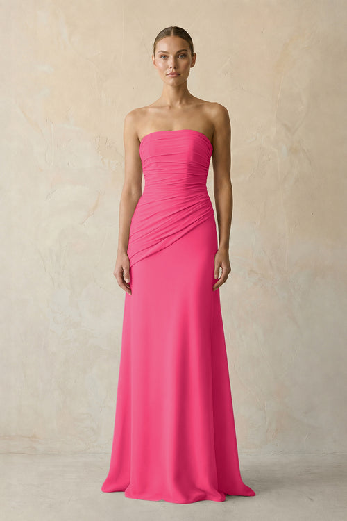 Sheath Chiffon Strapless Pleated Bridesmaid Dress in Fuchsia | KISSBRIDAL