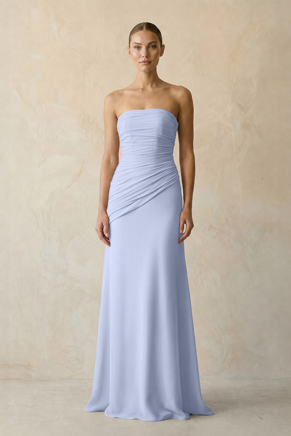 Sheath Chiffon Strapless Pleated Bridesmaid Dress in Ice
