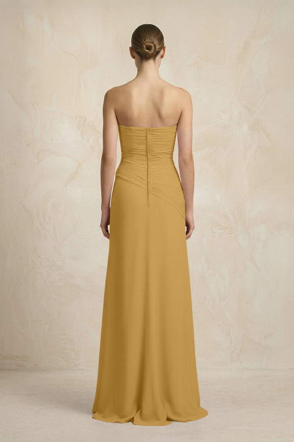 Sheath Chiffon Strapless Pleated Bridesmaid Dress in Marigold (2) | KISSBRIDAL