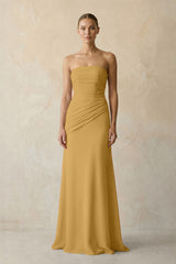 Sheath Chiffon Strapless Pleated Bridesmaid Dress in Marigold | KISSBRIDAL