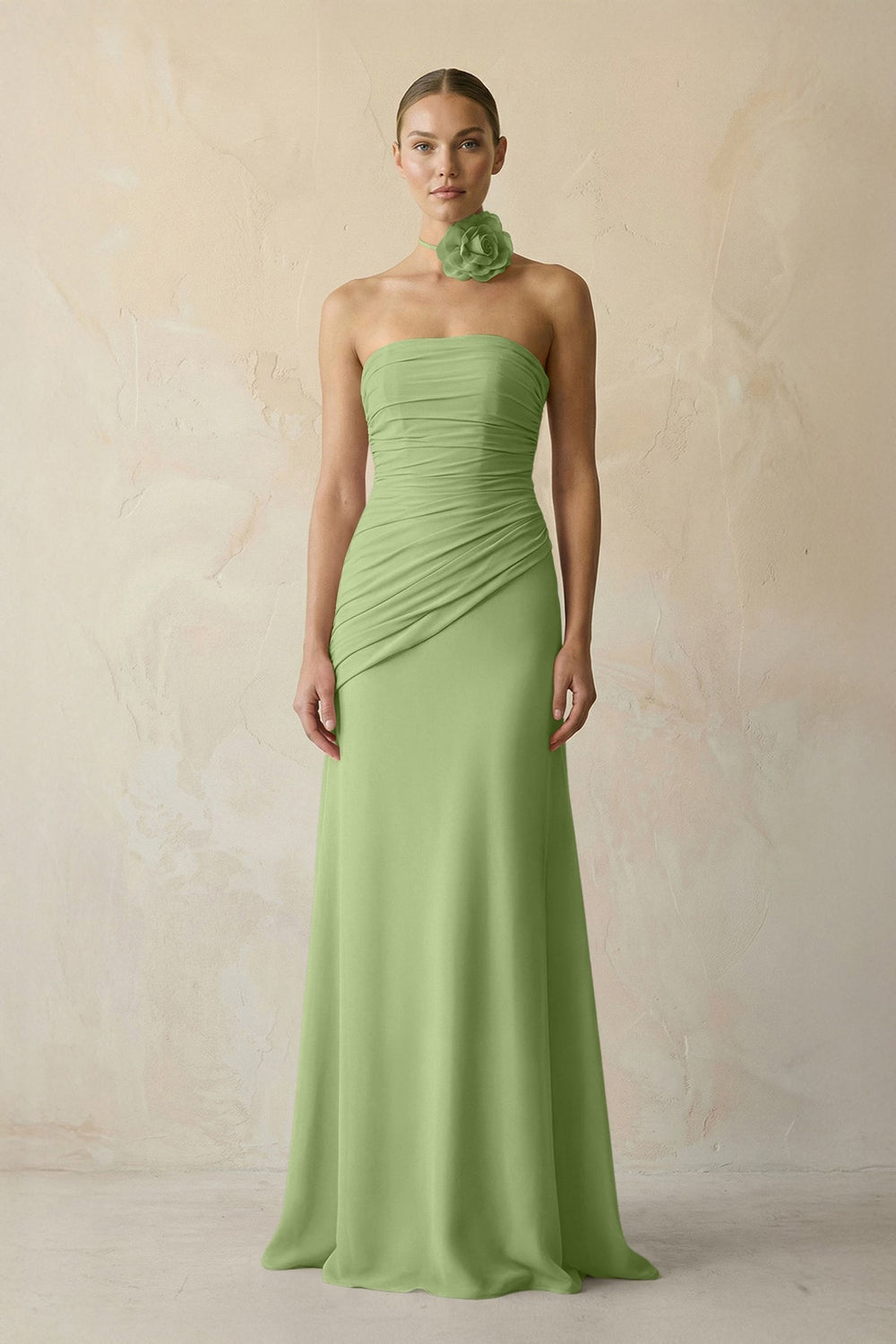 Sheath Chiffon Strapless Pleated Bridesmaid Dress in Matcha - KISS BRIDAL Bridesmaid Dresses