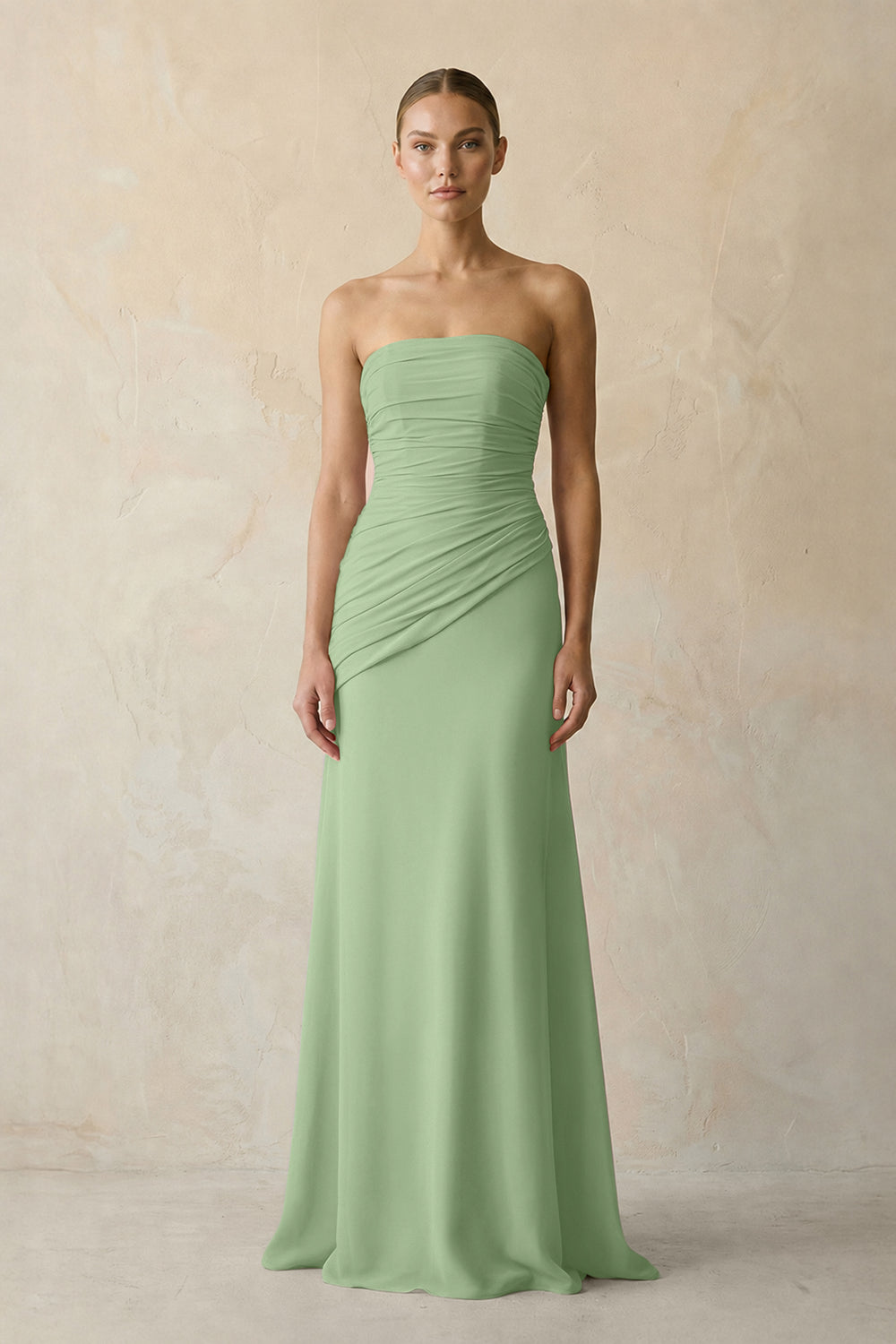Sheath Chiffon Strapless Pleated Bridesmaid Dress in Matcha