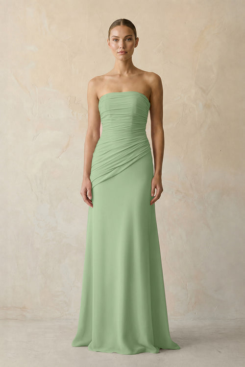 Sheath Chiffon Strapless Pleated Bridesmaid Dress in Matcha | KISSBRIDAL