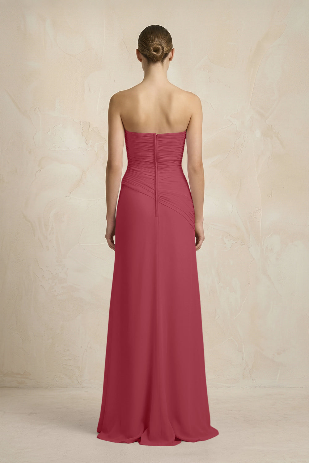Sheath Chiffon Strapless Pleated Bridesmaid Dress in Merlot
