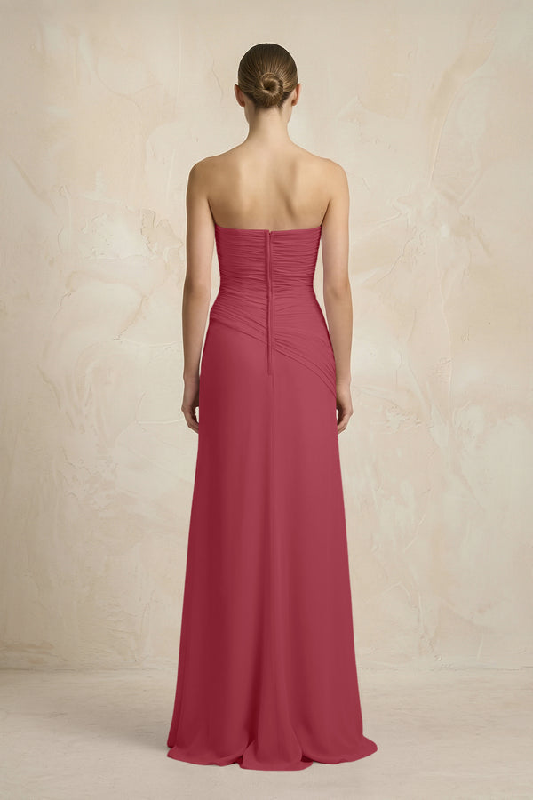 Sheath Chiffon Strapless Pleated Bridesmaid Dress in Merlot (2) | KISSBRIDAL