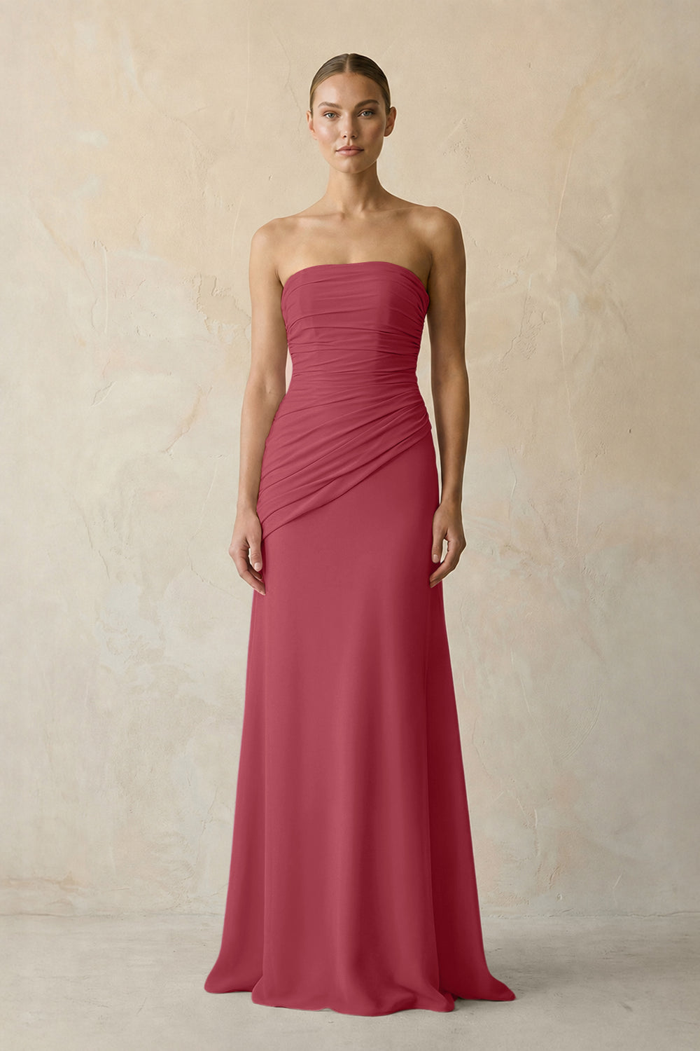 Sheath Chiffon Strapless Pleated Bridesmaid Dress in Merlot