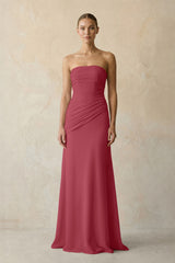 Sheath Chiffon Strapless Pleated Bridesmaid Dress in Merlot | KISSBRIDAL