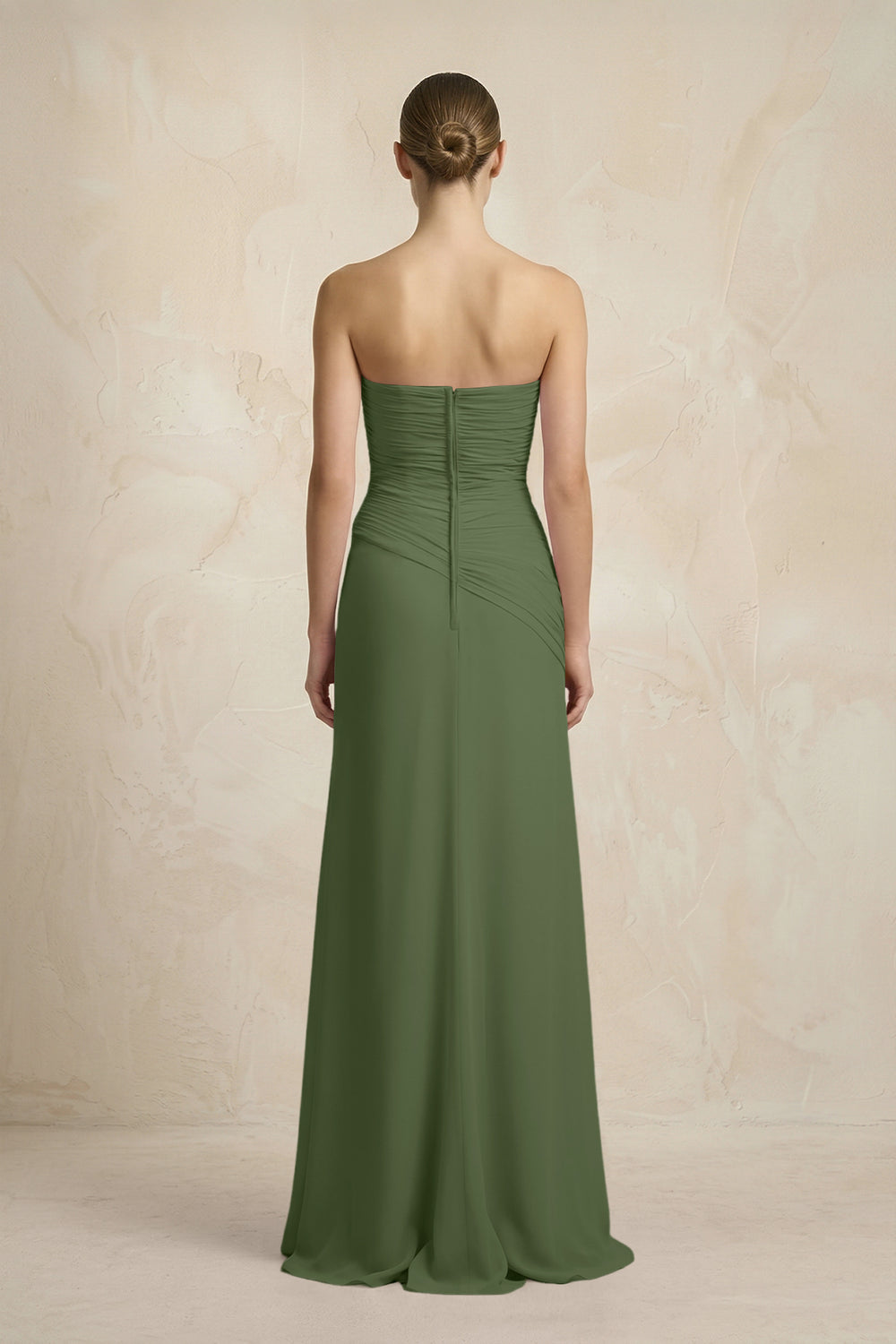 Sheath Chiffon Strapless Pleated Bridesmaid Dress in Moss