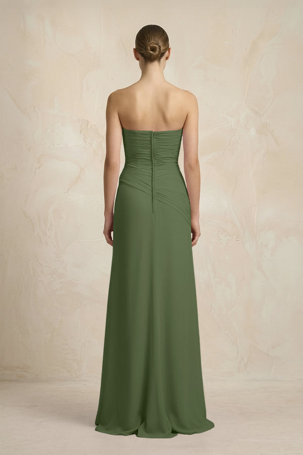 Sheath Chiffon Strapless Pleated Bridesmaid Dress in Moss (2) | KISSBRIDAL