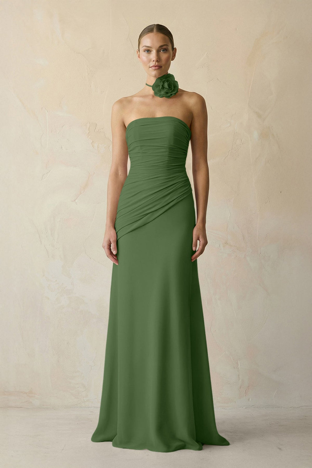 Sheath Chiffon Strapless Pleated Bridesmaid Dress in Moss - KISS BRIDAL Bridesmaid Dresses
