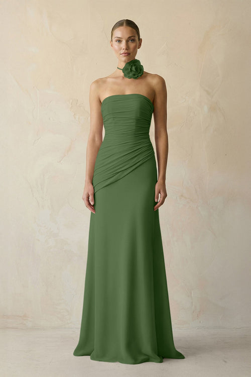 Sheath Chiffon Strapless Pleated Bridesmaid Dress in Moss - KISS BRIDAL Bridesmaid Dresses