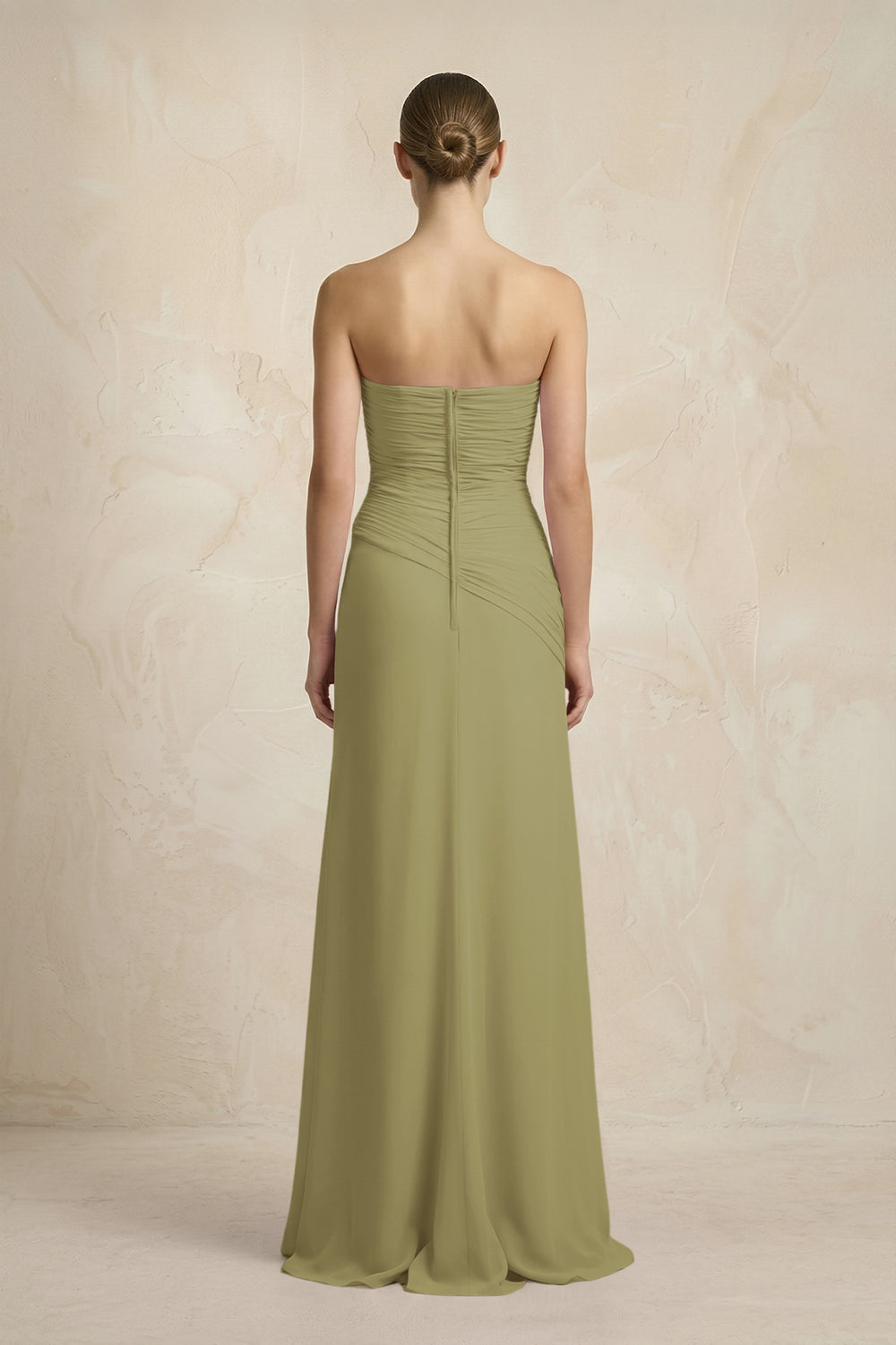 Sheath Chiffon Strapless Pleated Bridesmaid Dress in Moss Green