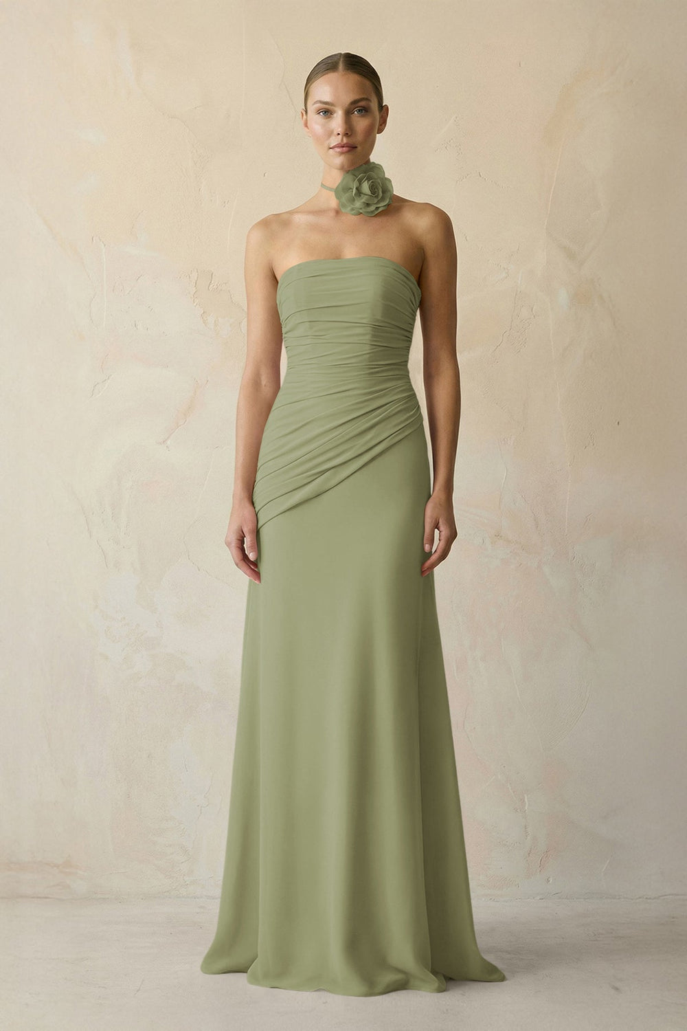 Sheath Chiffon Strapless Pleated Bridesmaid Dress in Moss Green - KISS BRIDAL Bridesmaid Dresses