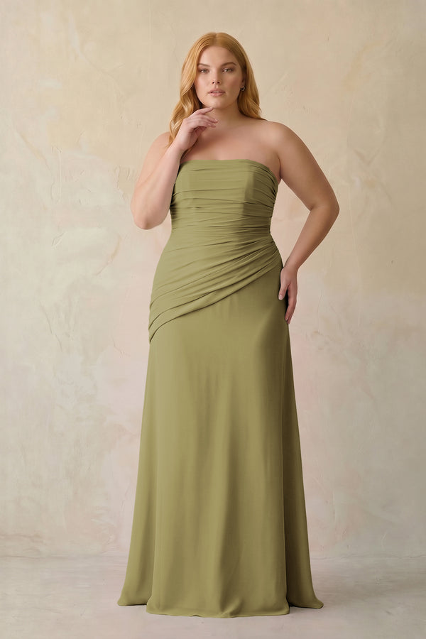 Sheath Chiffon Strapless Pleated Bridesmaid Dress in Moss Green [sizeplus] | KISSBRIDAL