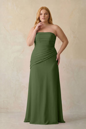 Sheath Chiffon Strapless Pleated Bridesmaid Dress in Moss [sizeplus] | KISSBRIDAL