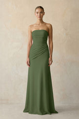 Sheath Chiffon Strapless Pleated Bridesmaid Dress in Moss | KISSBRIDAL