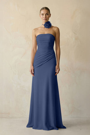 Sheath Chiffon Strapless Pleated Bridesmaid Dress in Navy - KISS BRIDAL Bridesmaid Dresses