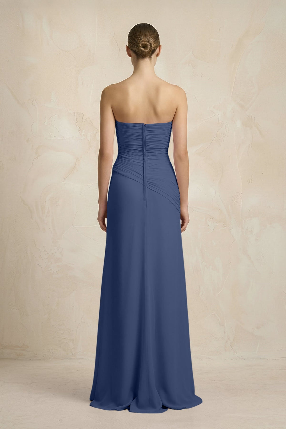 Sheath Chiffon Strapless Pleated Bridesmaid Dress in Navy - SHE IS ME Bridesmaid Dresses
